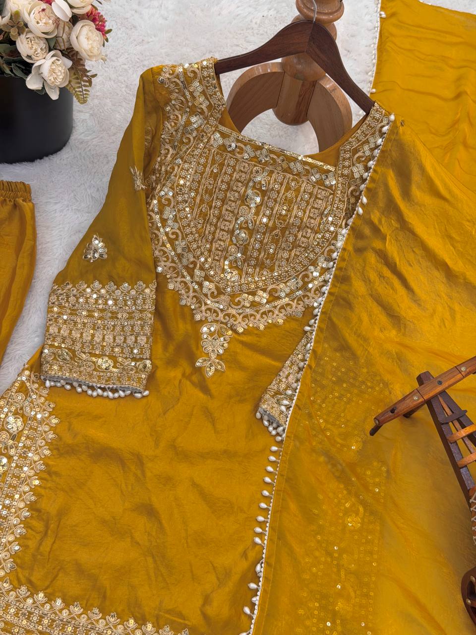 Wedding Waer Fendy Silk Embrodery sequence with Lace Border Top, Plazzo & Dupatta