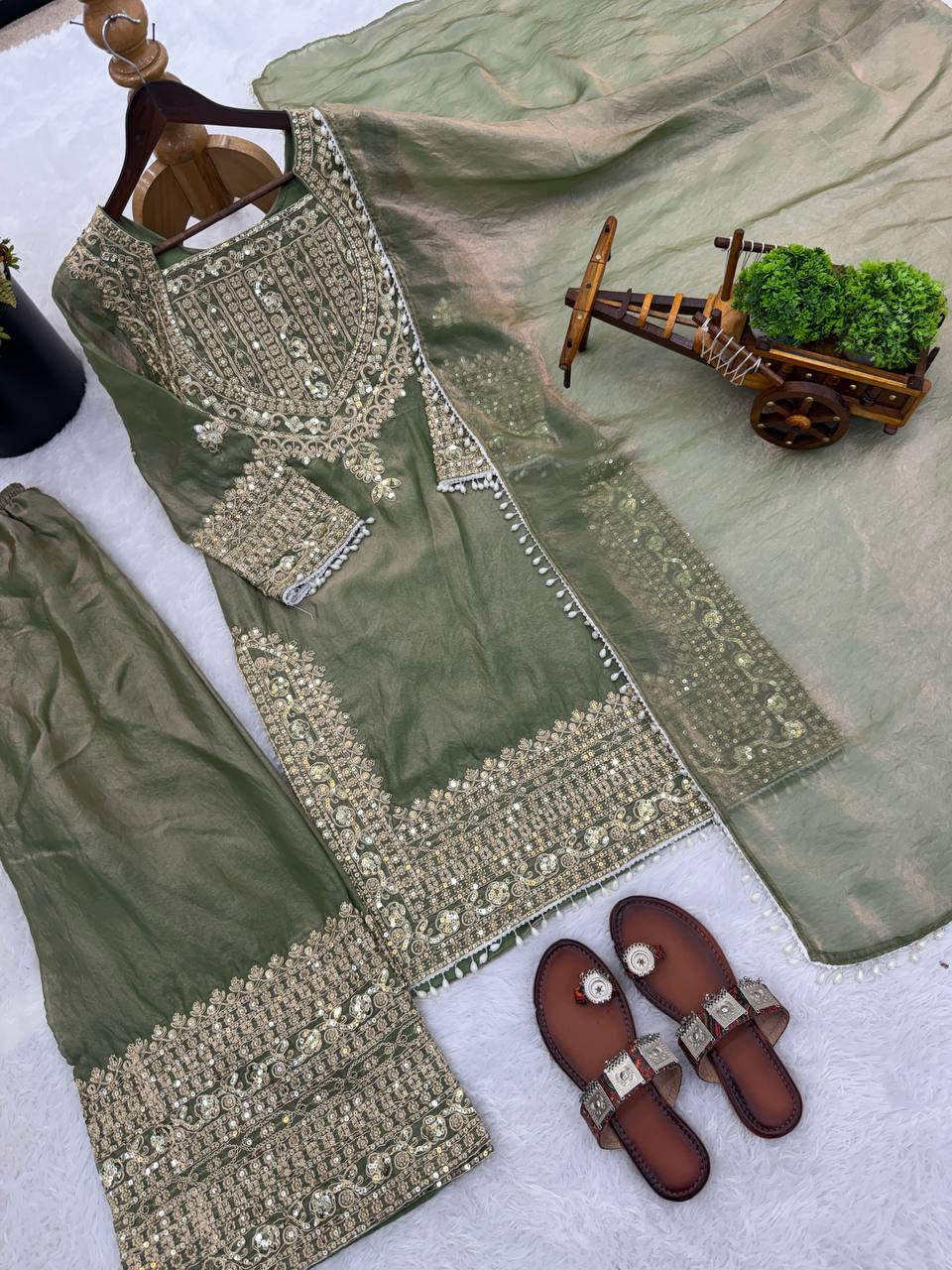 Wedding Waer Fendy Silk Embrodery sequence with Lace Border Top, Plazzo & Dupatta