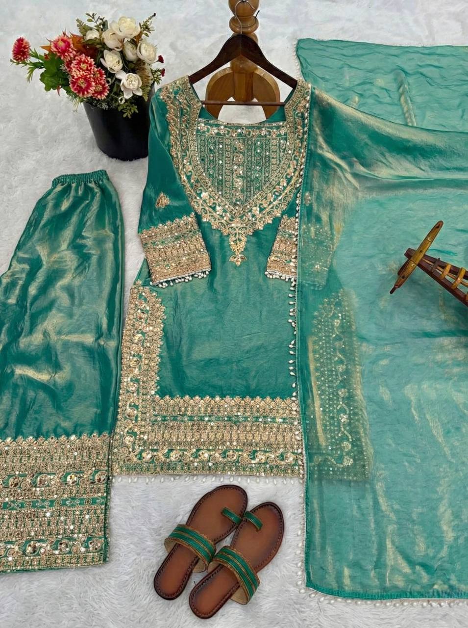 Wedding Waer Fendy Silk Embrodery sequence with Lace Border Top, Plazzo & Dupatta