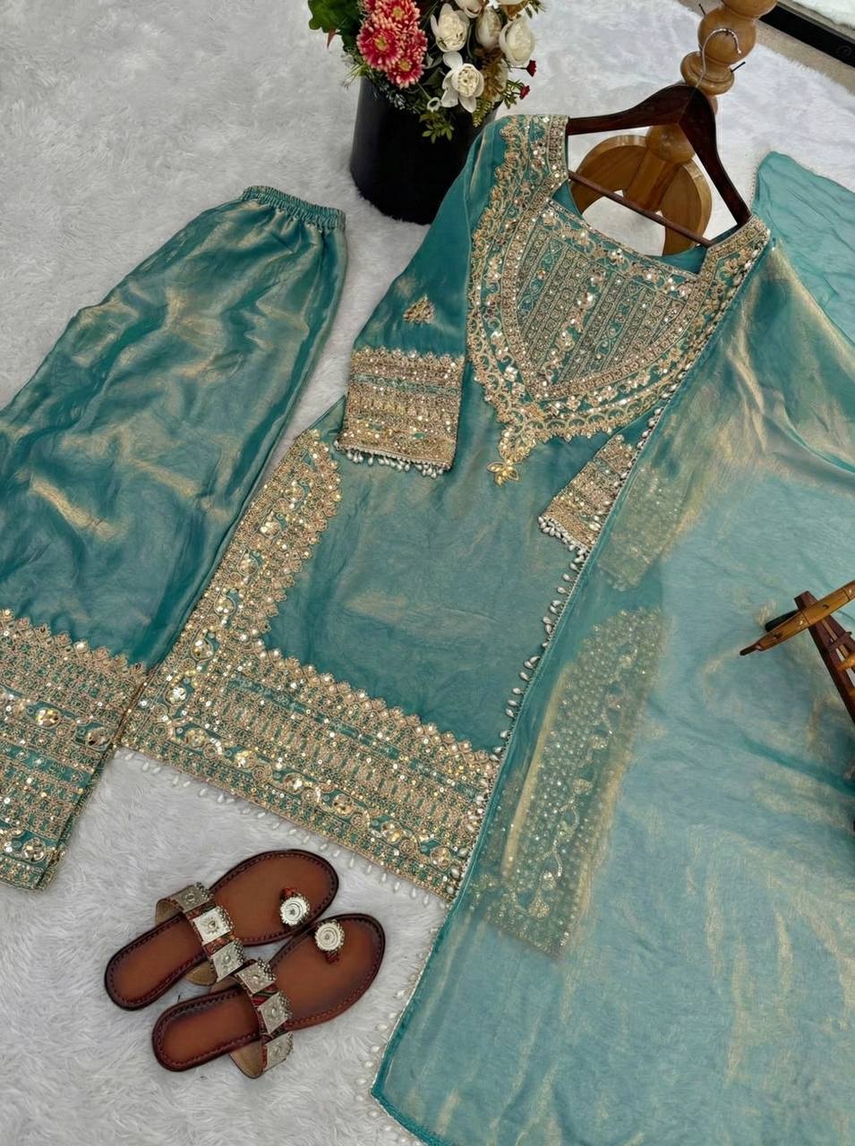 Wedding Waer Fendy Silk Embrodery sequence with Lace Border Top, Plazzo & Dupatta