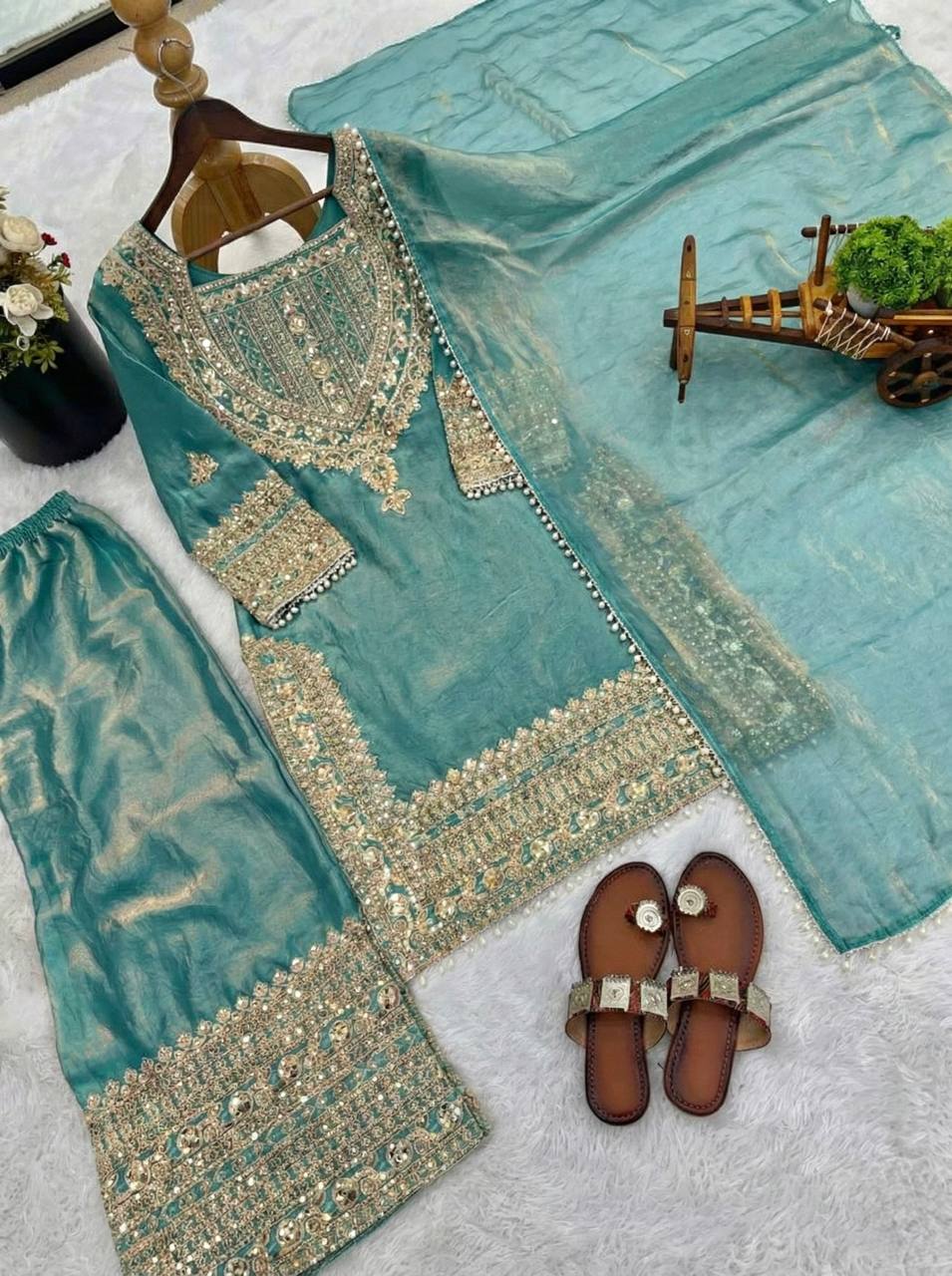 Wedding Waer Fendy Silk Embrodery sequence with Lace Border Top, Plazzo & Dupatta