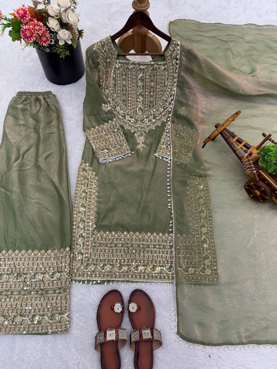 Wedding Waer Fendy Silk Embrodery sequence with Lace Border Top, Plazzo & Dupatta