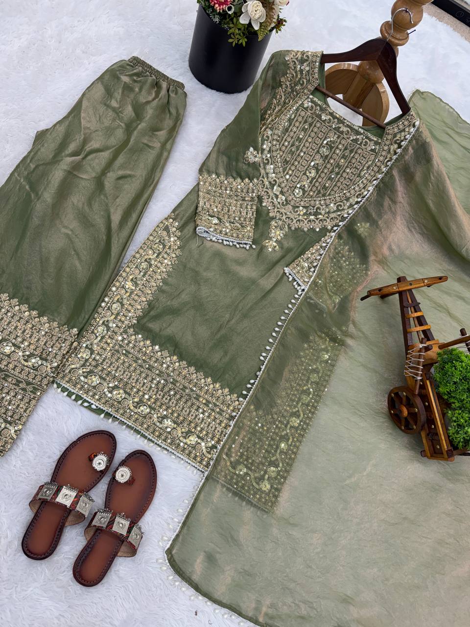 Wedding Waer Fendy Silk Embrodery sequence with Lace Border Top, Plazzo & Dupatta