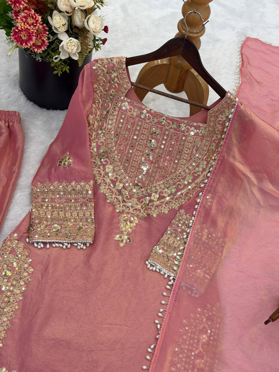 Wedding Waer Fendy Silk Embrodery sequence with Lace Border Top, Plazzo & Dupatta