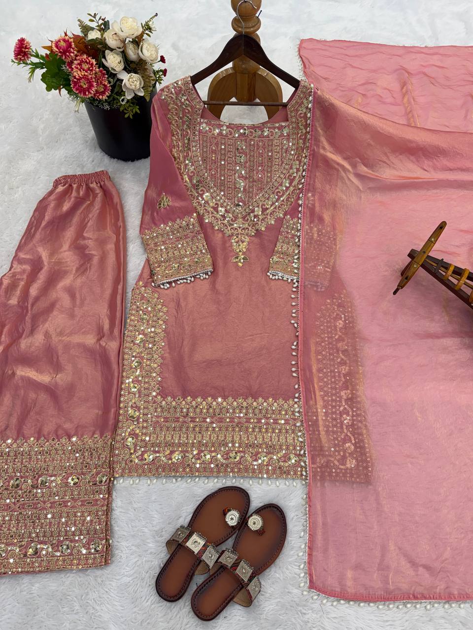 Wedding Waer Fendy Silk Embrodery sequence with Lace Border Top, Plazzo & Dupatta