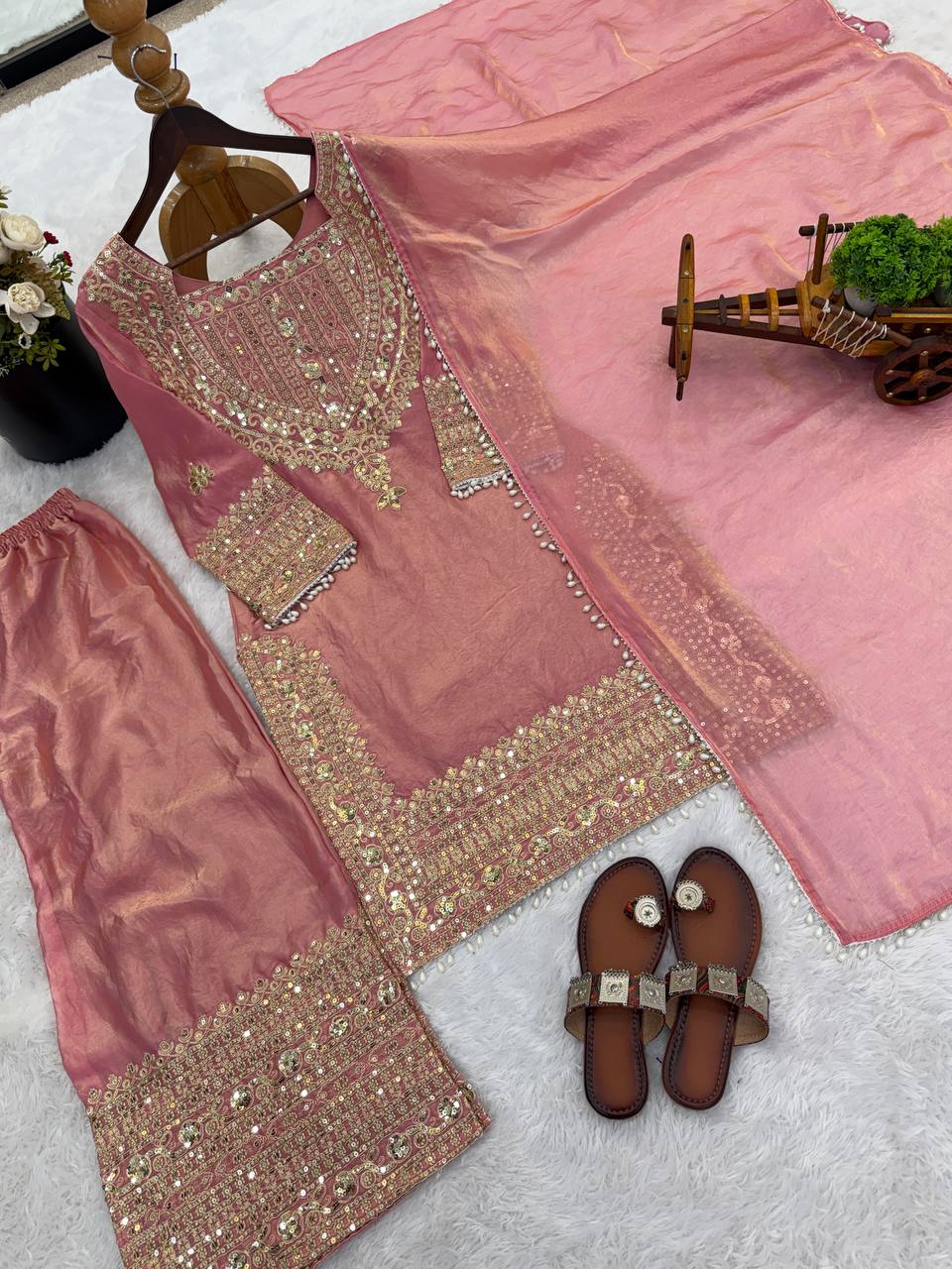 Wedding Waer Fendy Silk Embrodery sequence with Lace Border Top, Plazzo & Dupatta