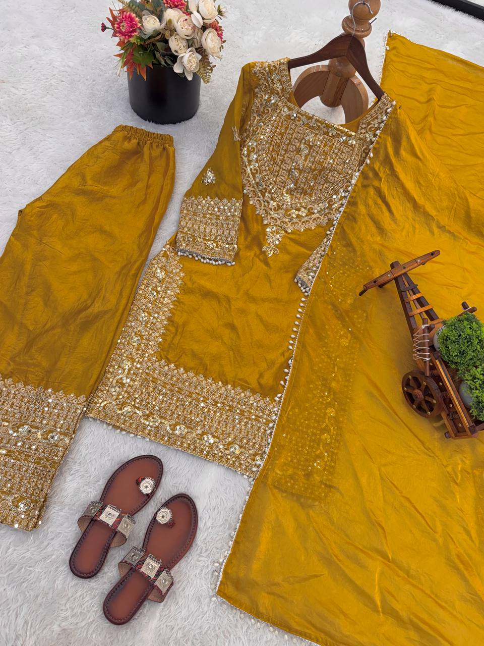 Wedding Waer Fendy Silk Embrodery sequence with Lace Border Top, Plazzo & Dupatta