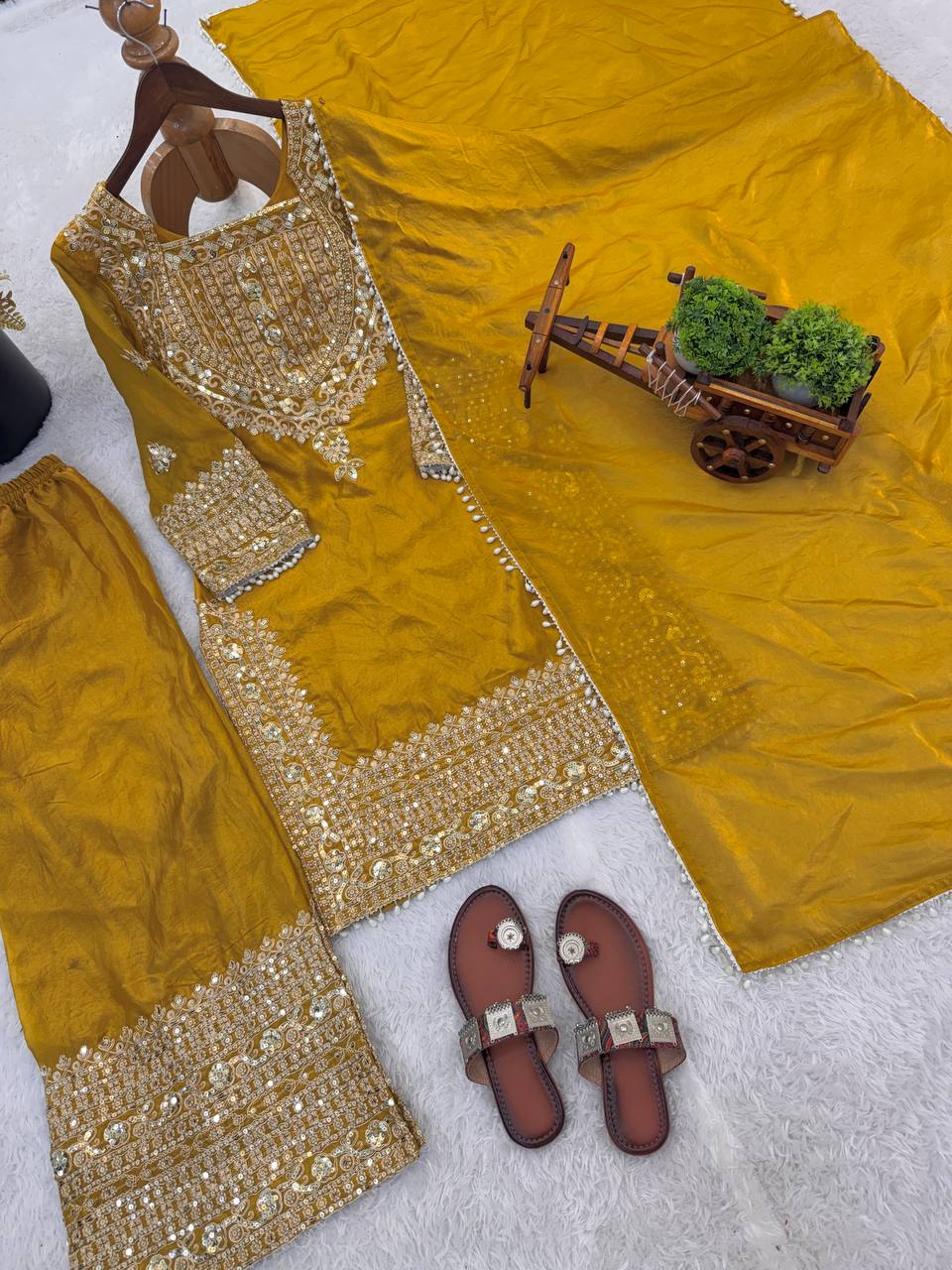 Wedding Waer Fendy Silk Embrodery sequence with Lace Border Top, Plazzo & Dupatta