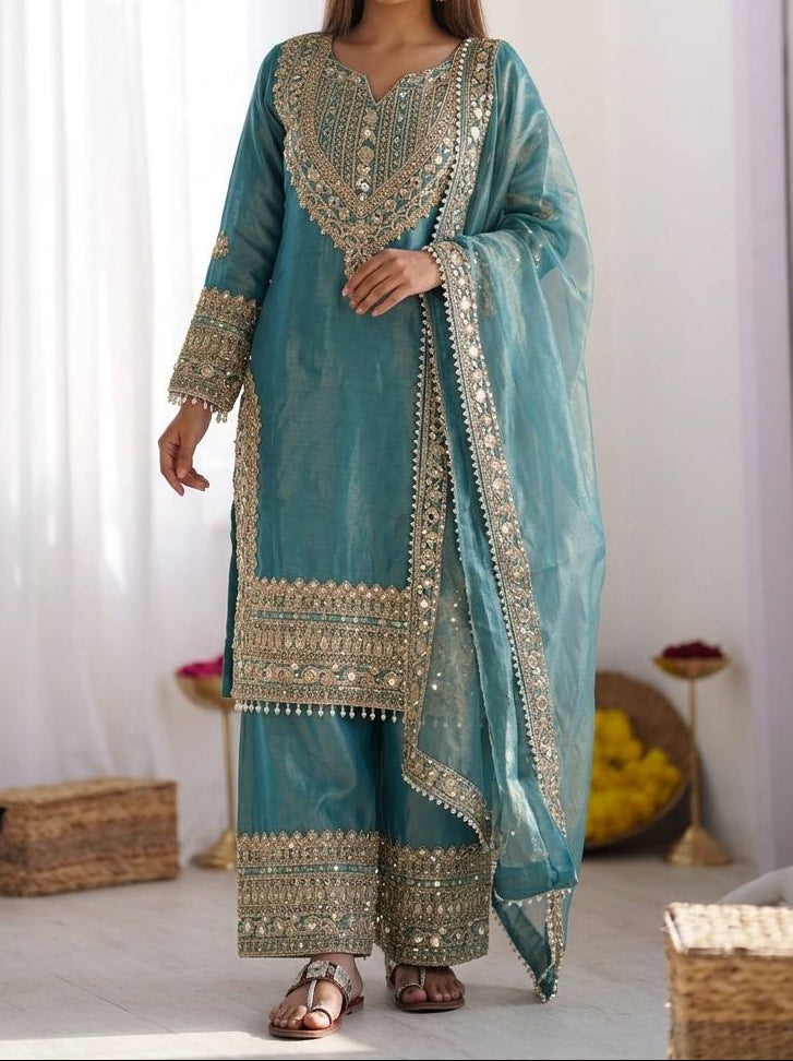 Wedding Waer Fendy Silk Embrodery sequence with Lace Border Top, Plazzo & Dupatta