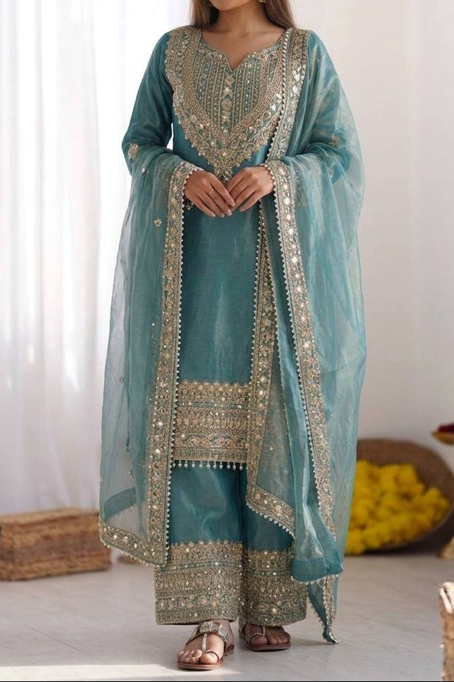 Wedding Waer Fendy Silk Embrodery sequence with Lace Border Top, Plazzo & Dupatta