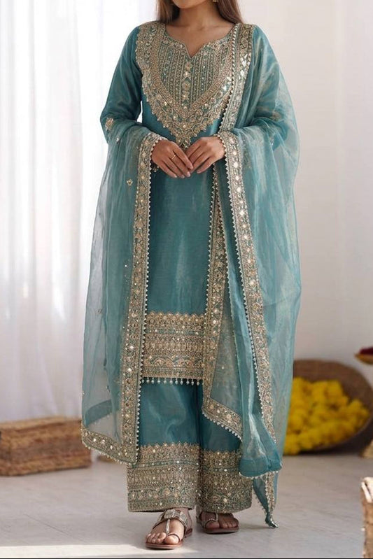 Wedding Waer Fendy Silk Embrodery sequence with Lace Border Top, Plazzo & Dupatta