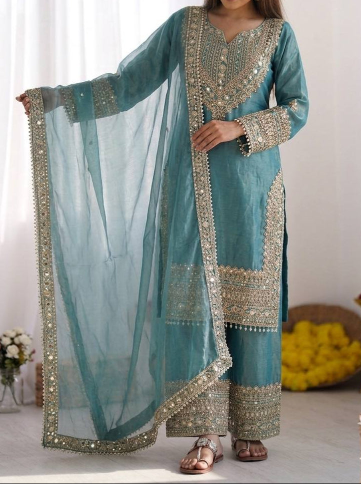 Wedding Waer Fendy Silk Embrodery sequence with Lace Border Top, Plazzo & Dupatta