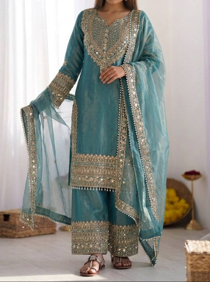 Wedding Waer Fendy Silk Embrodery sequence with Lace Border Top, Plazzo & Dupatta