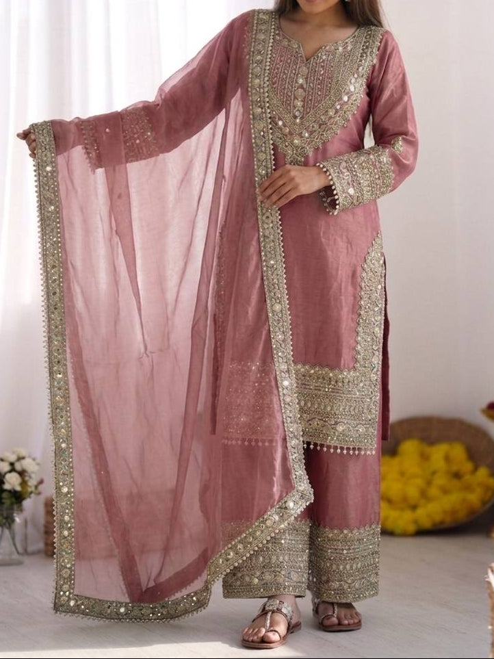 Wedding Waer Fendy Silk Embrodery sequence with Lace Border Top, Plazzo & Dupatta