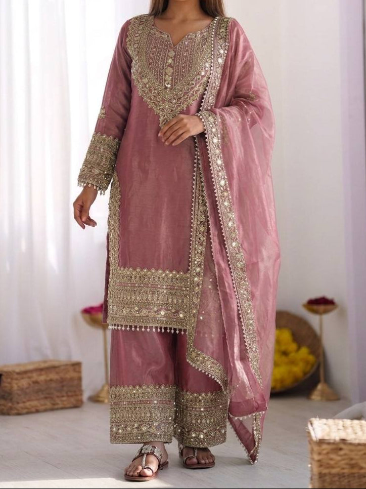 Wedding Waer Fendy Silk Embrodery sequence with Lace Border Top, Plazzo & Dupatta
