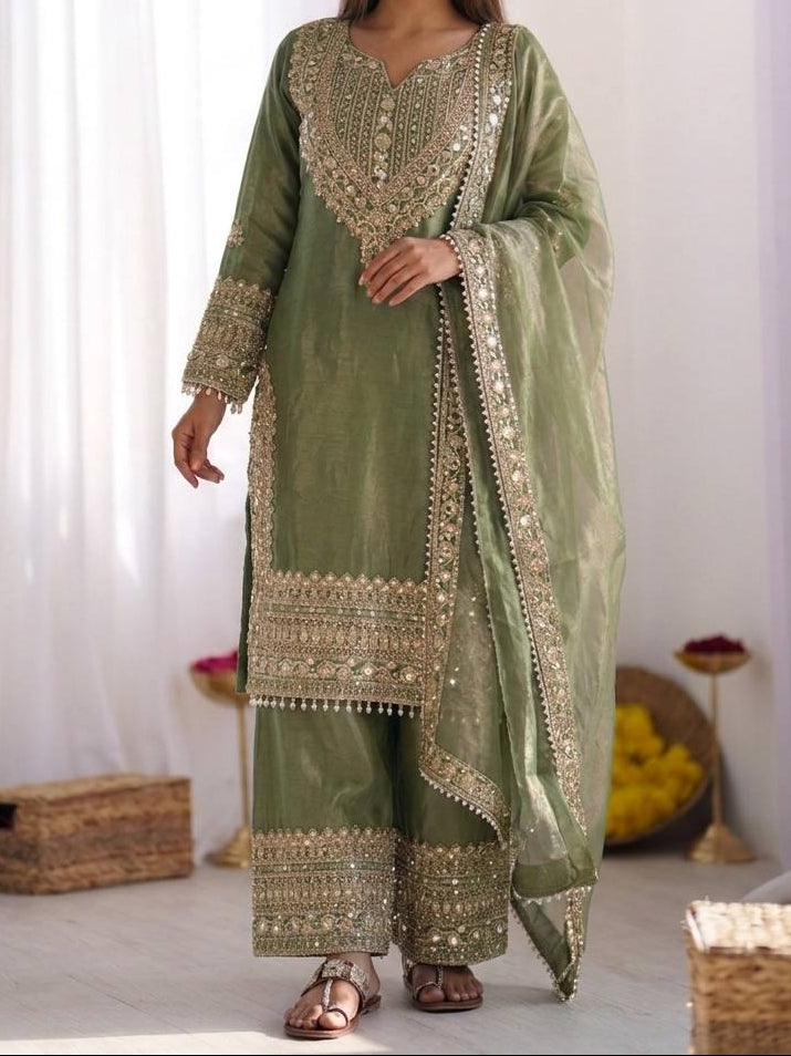Wedding Waer Fendy Silk Embrodery sequence with Lace Border Top, Plazzo & Dupatta