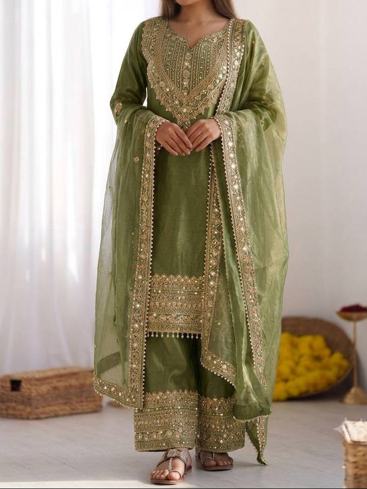 Wedding Waer Fendy Silk Embrodery sequence with Lace Border Top, Plazzo & Dupatta