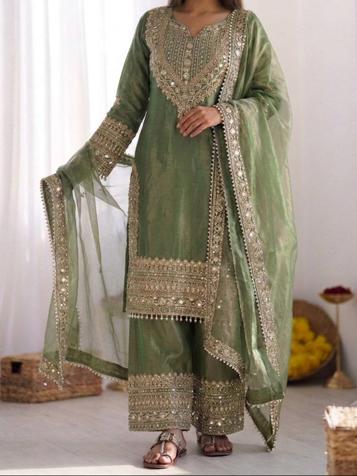 Wedding Waer Fendy Silk Embrodery sequence with Lace Border Top, Plazzo & Dupatta