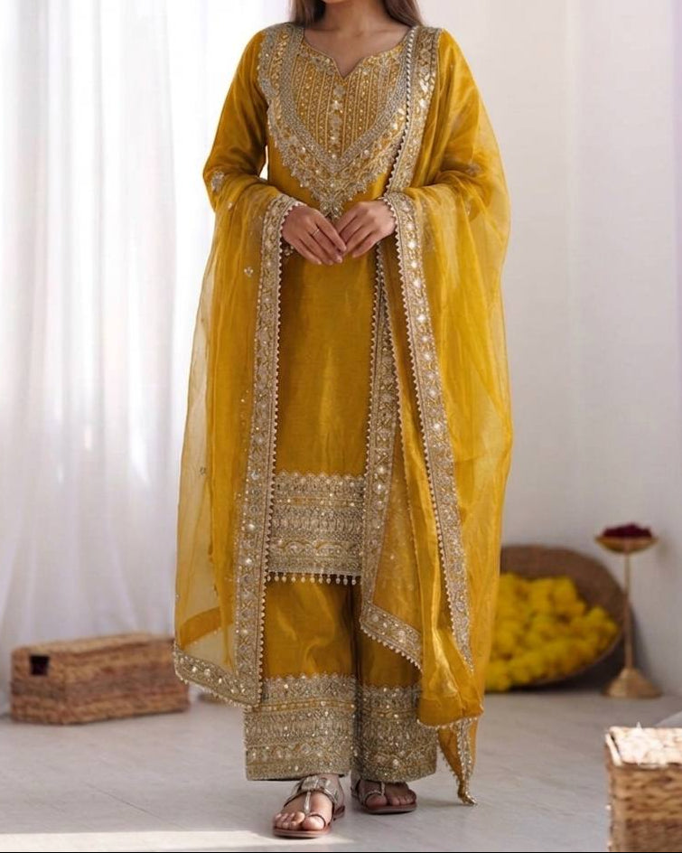 Wedding Waer Fendy Silk Embrodery sequence with Lace Border Top, Plazzo & Dupatta