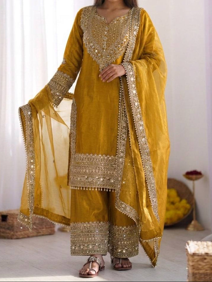 Wedding Waer Fendy Silk Embrodery sequence with Lace Border Top, Plazzo & Dupatta