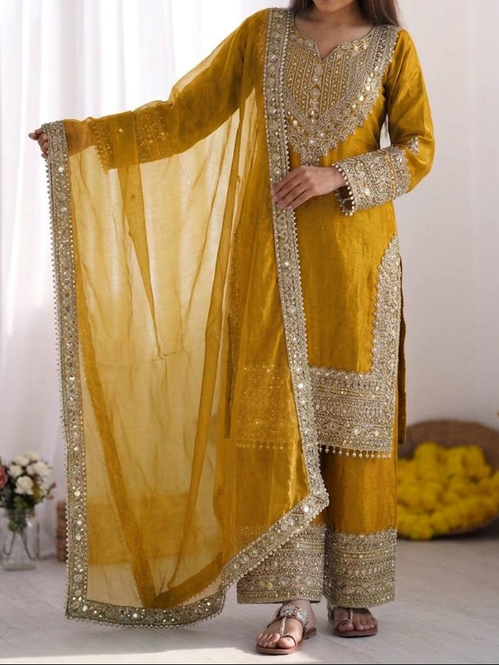 Wedding Waer Fendy Silk Embrodery sequence with Lace Border Top, Plazzo & Dupatta