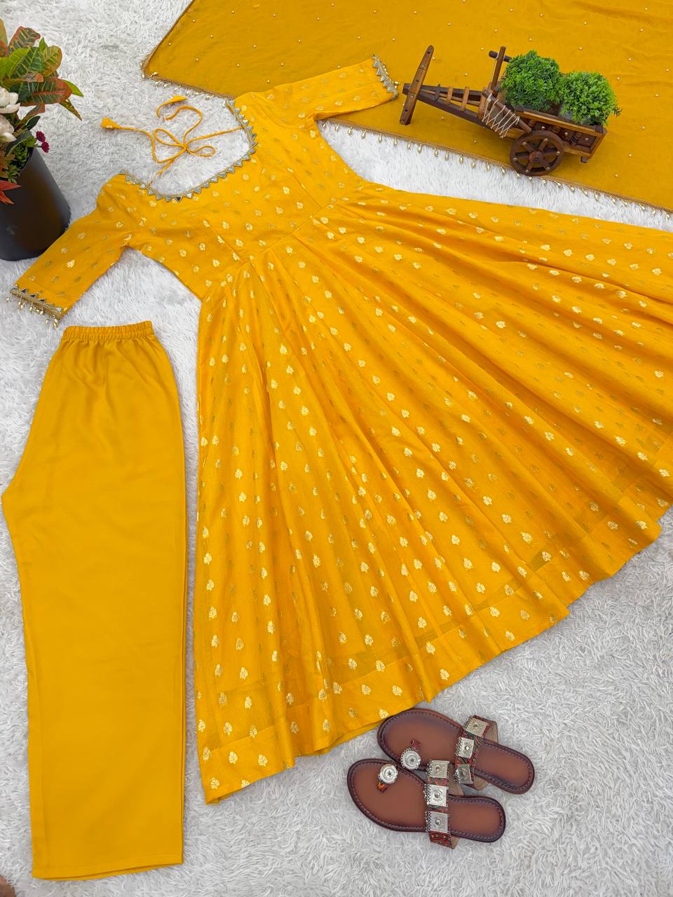 Wedding Wear Chanderi Jacquard Butti Real Mirror With Fancy Lace Anarkali Set