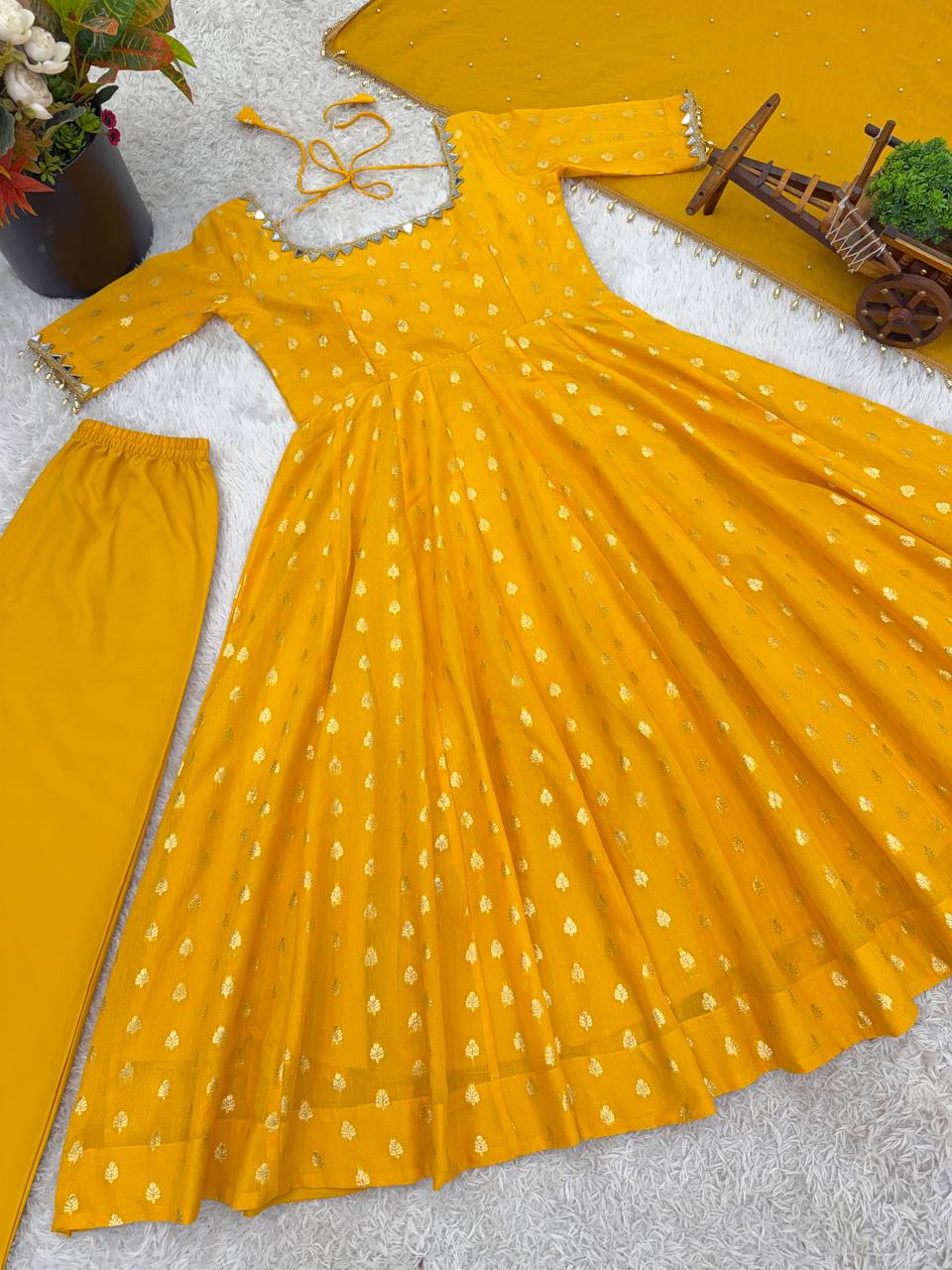 Wedding Wear Chanderi Jacquard Butti Real Mirror With Fancy Lace Anarkali Set