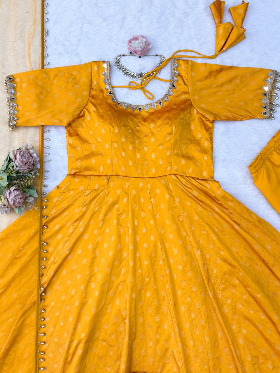 Wedding Wear Chanderi Jacquard Butti Real Mirror With Fancy Lace Anarkali Set