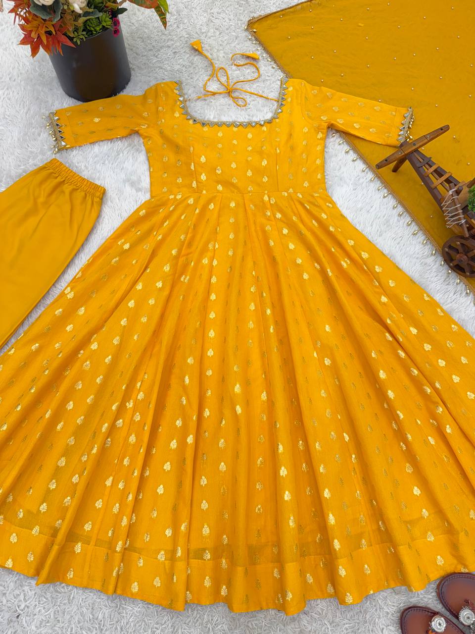 Wedding Wear Chanderi Jacquard Butti Real Mirror With Fancy Lace Anarkali Set