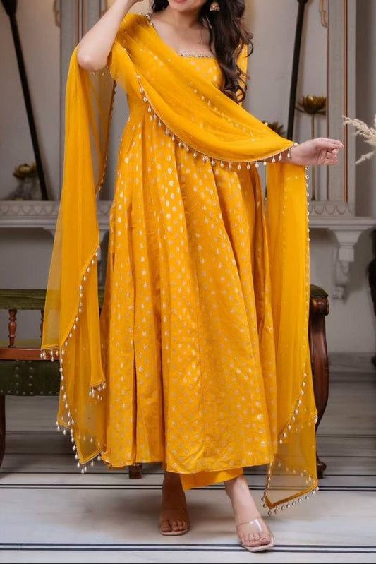 Wedding Wear Chanderi Jacquard Butti Real Mirror With Fancy Lace Anarkali Set