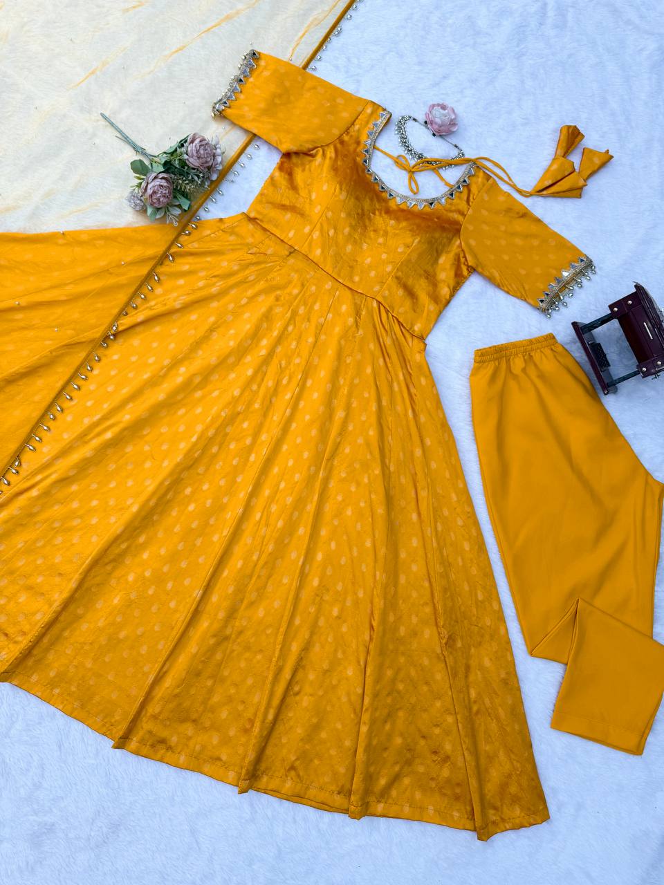 Wedding Wear Chanderi Jacquard Butti Real Mirror With Fancy Lace Anarkali Set