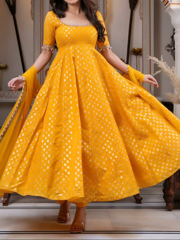 Wedding Wear Chanderi Jacquard Butti Real Mirror With Fancy Lace Anarkali Set