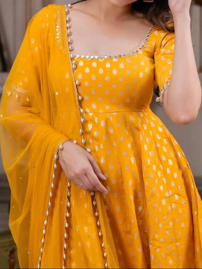 Wedding Wear Chanderi Jacquard Butti Real Mirror With Fancy Lace Anarkali Set
