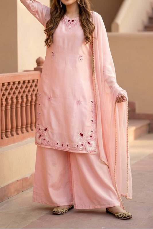 Roman Glass Embroidery Thread & Pearl Moti Handwork Sharara Set