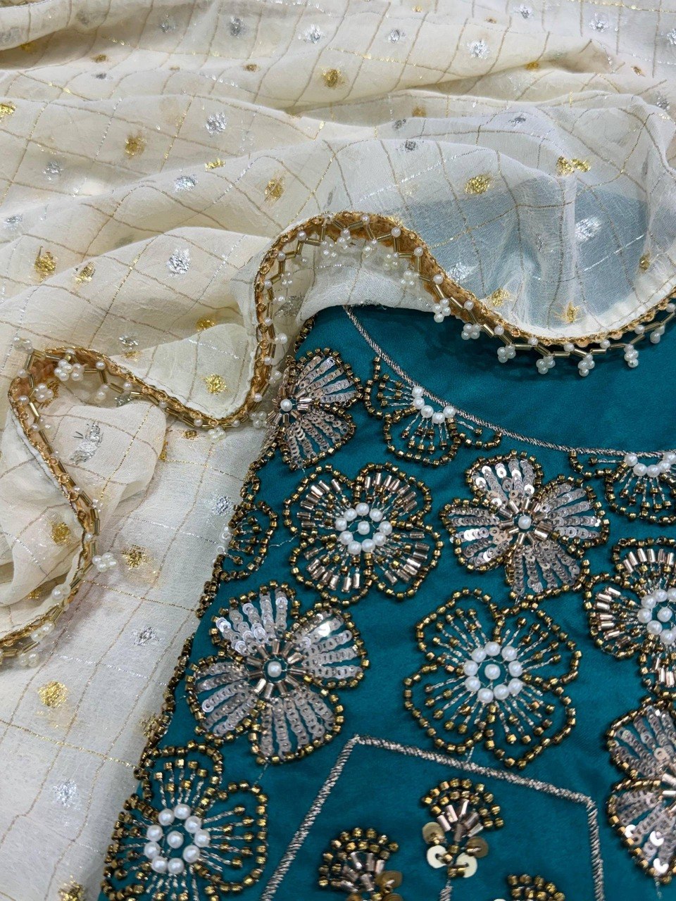 Dual Gold, Pearl Lace & Silver Zari Weaving Butti Saree