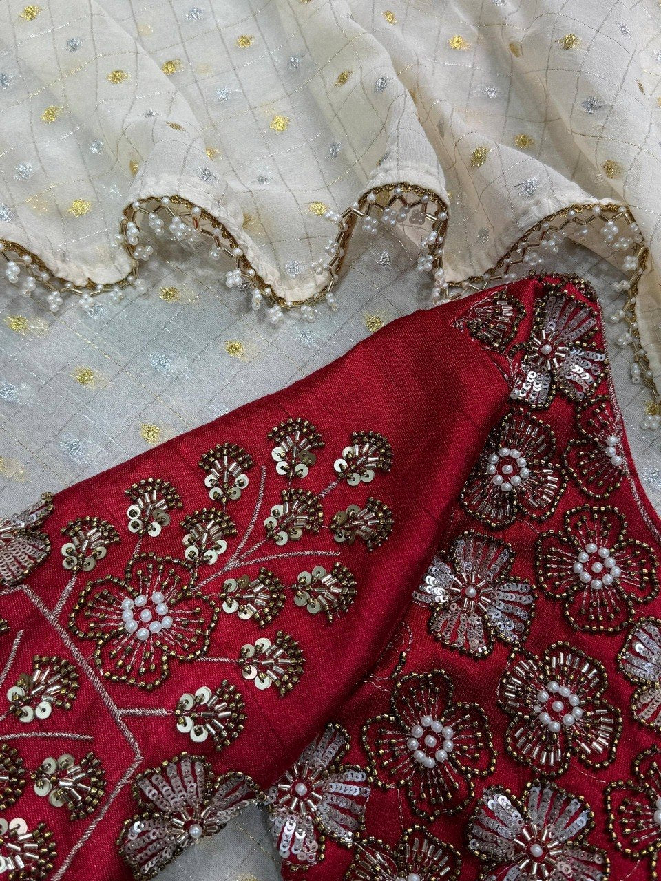 Dual Gold, Pearl Lace & Silver Zari Weaving Butti Saree