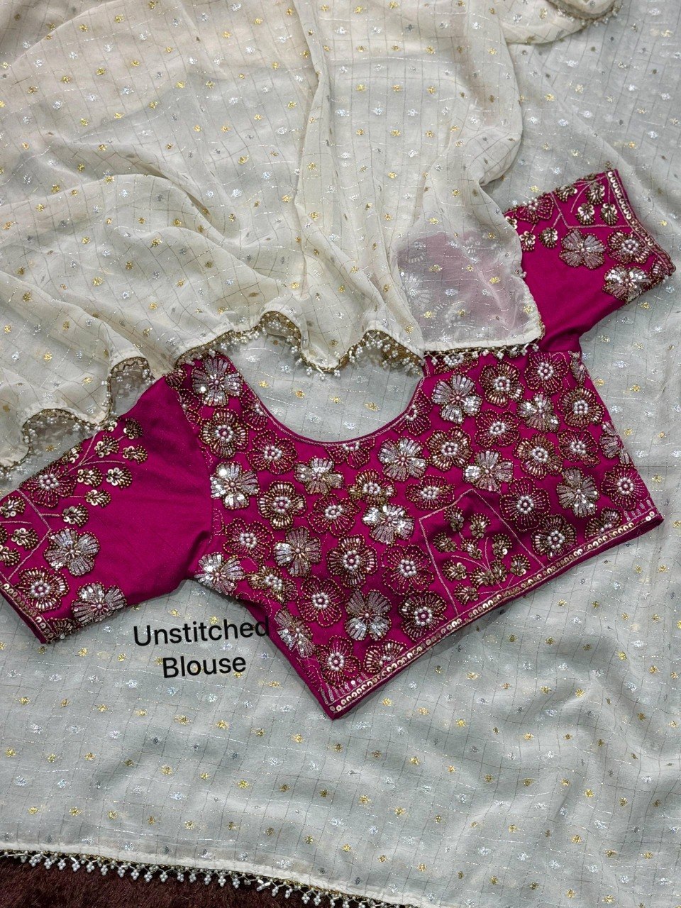 Dual Gold, Pearl Lace & Silver Zari Weaving Butti Saree