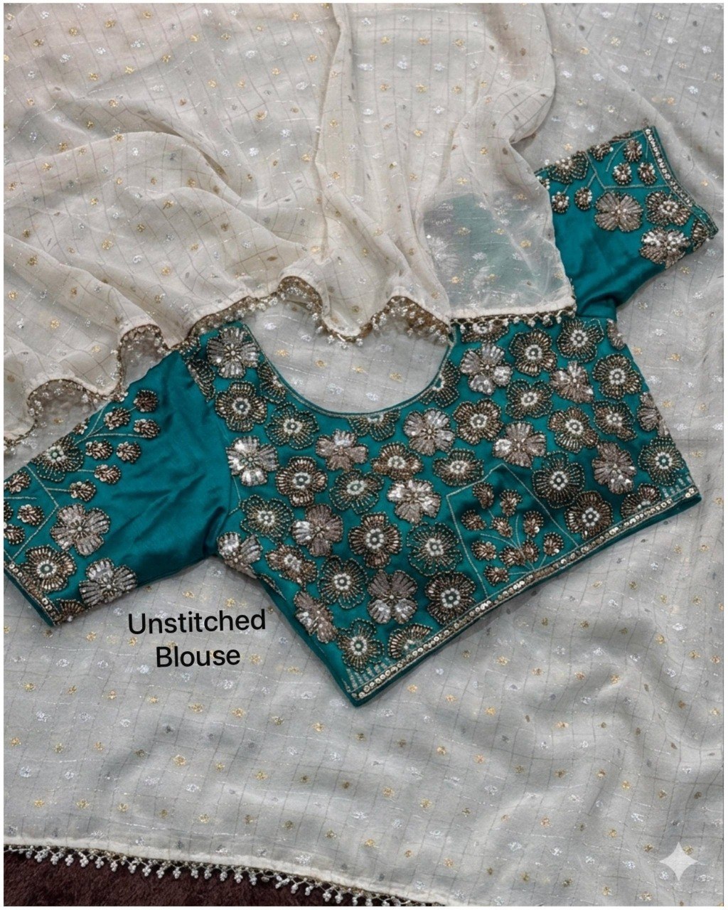 Dual Gold, Pearl Lace & Silver Zari Weaving Butti Saree