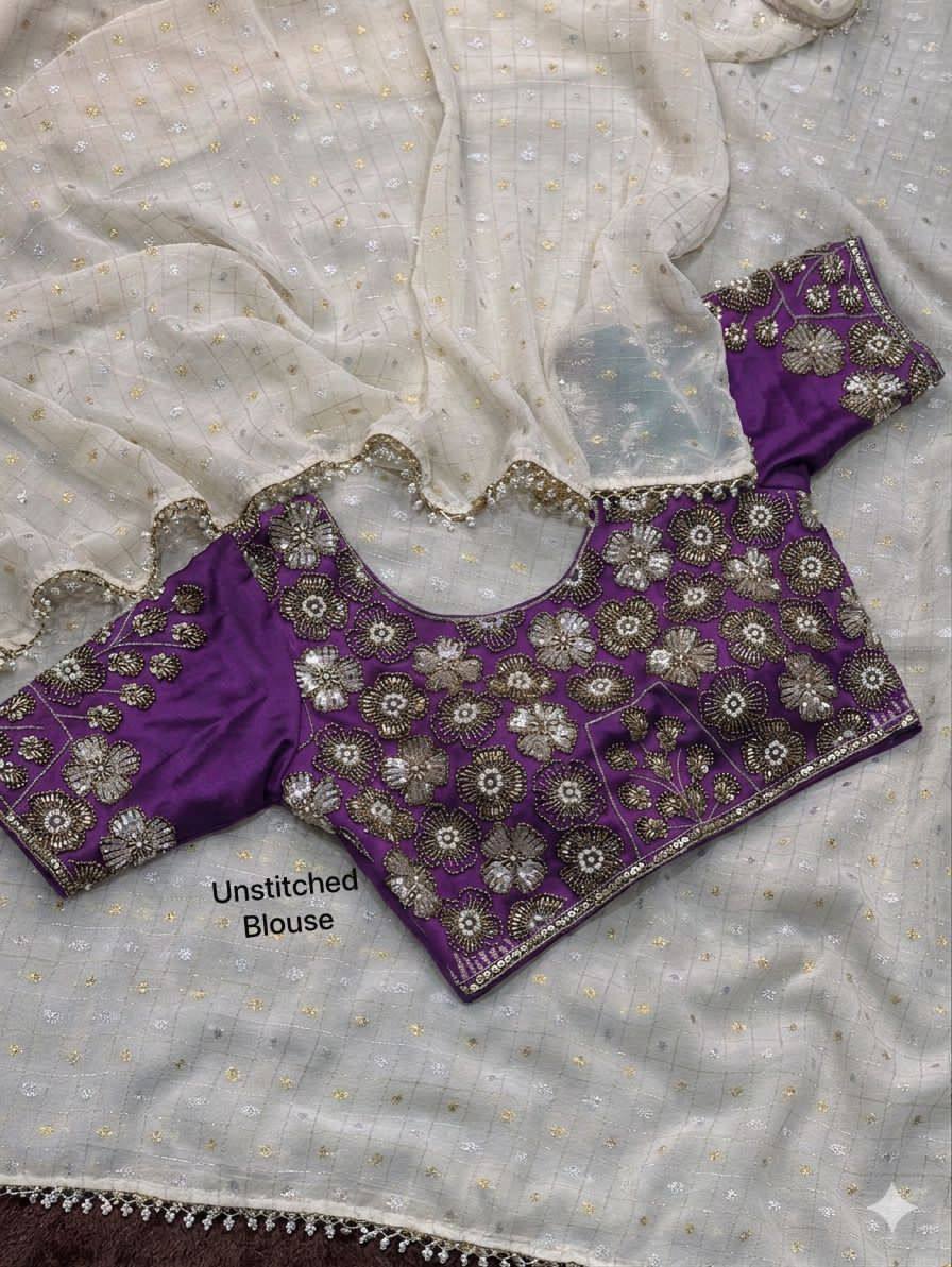 Dual Gold, Pearl Lace & Silver Zari Weaving Butti Saree