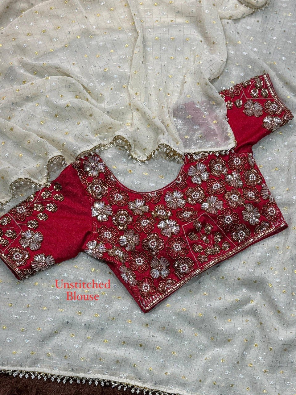 Dual Gold, Pearl Lace & Silver Zari Weaving Butti Saree