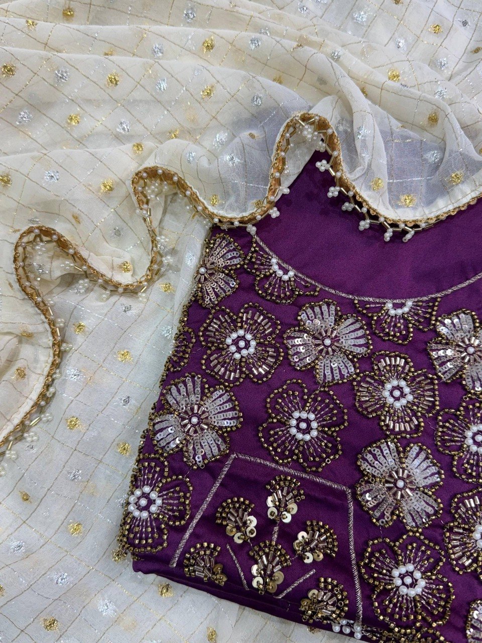 Dual Gold, Pearl Lace & Silver Zari Weaving Butti Saree