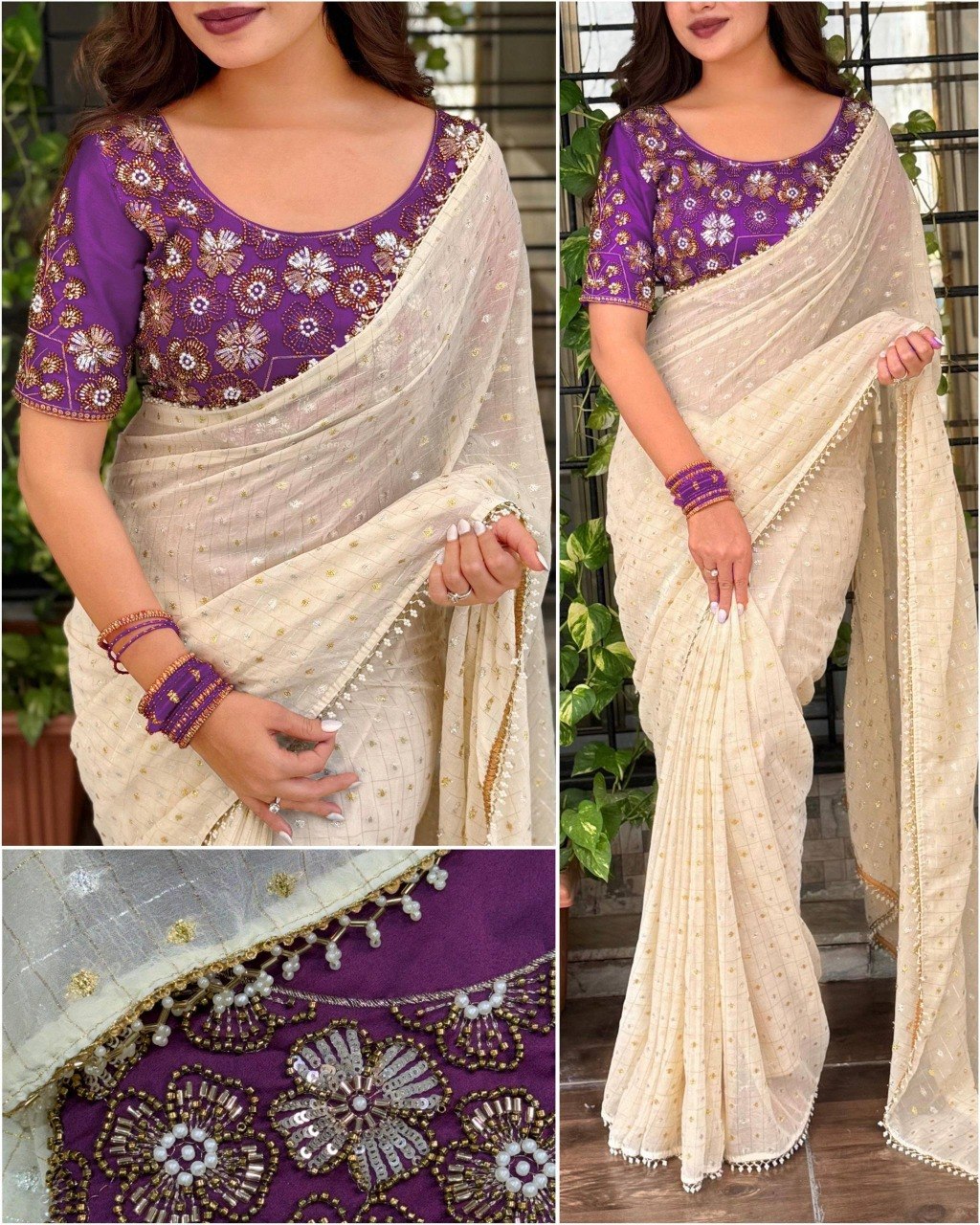 Dual Gold, Pearl Lace & Silver Zari Weaving Butti Saree
