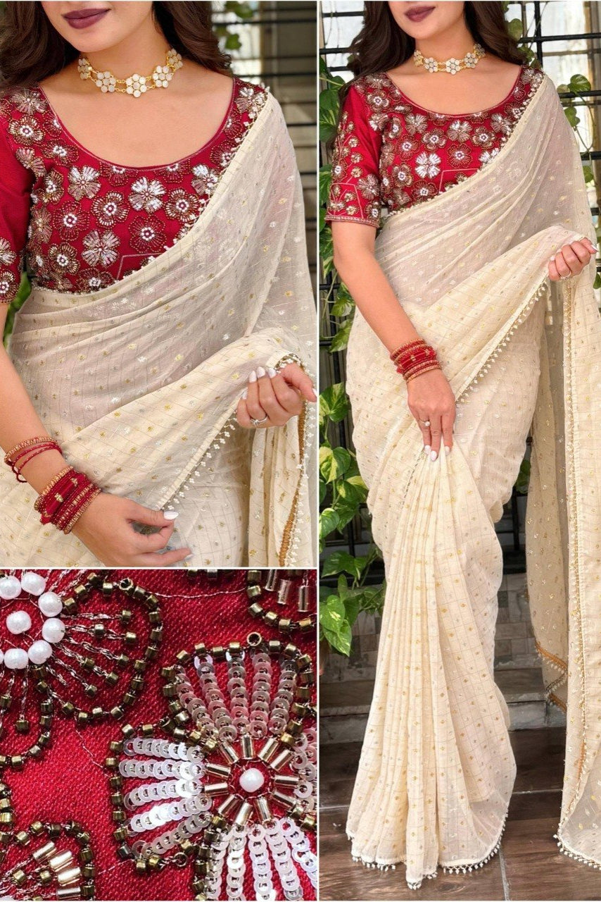 Dual Gold, Pearl Lace & Silver Zari Weaving Butti Saree