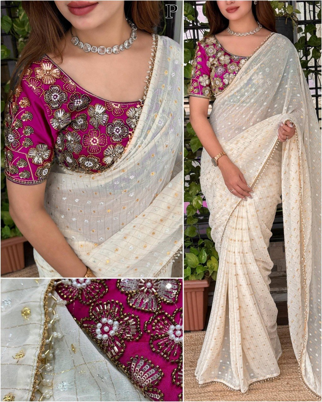 Dual Gold, Pearl Lace & Silver Zari Weaving Butti Saree