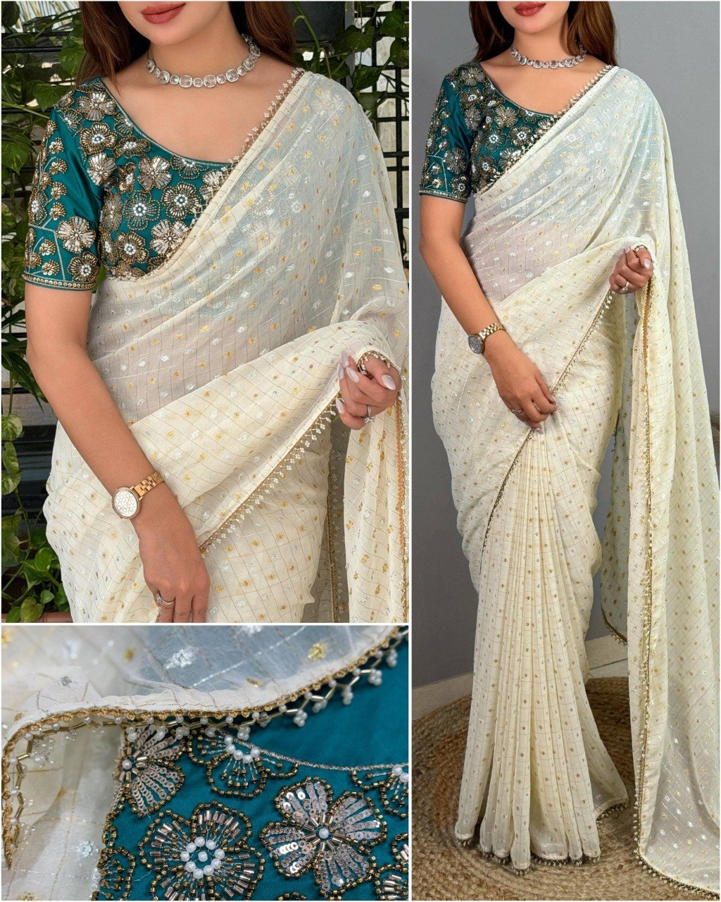 Dual Gold, Pearl Lace & Silver Zari Weaving Butti Saree