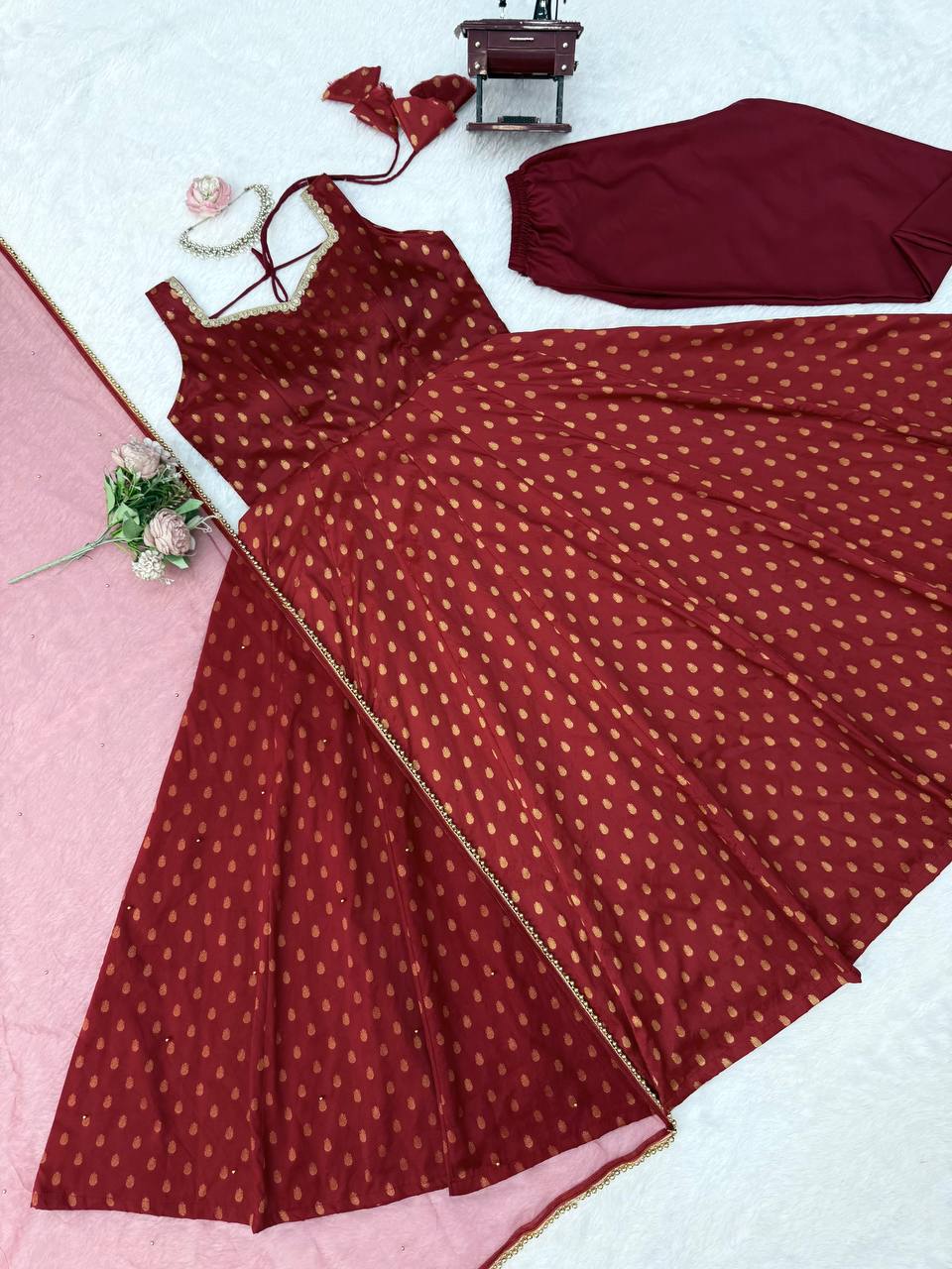 Wedding Wear Chanderi Jacquard Butti With Fancy Lace Anarkali Suit