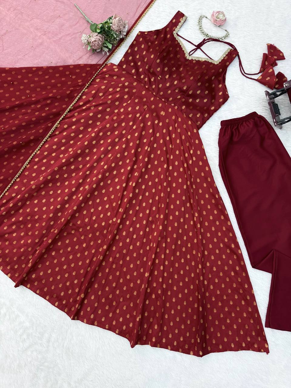 Wedding Wear Chanderi Jacquard Butti With Fancy Lace Anarkali Suit