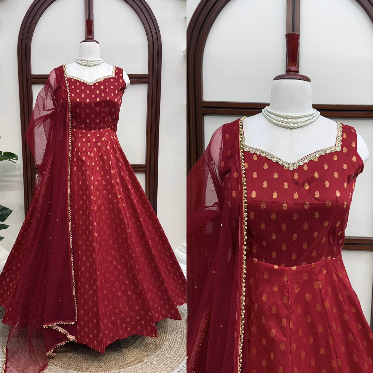 Wedding Wear Chanderi Jacquard Butti With Fancy Lace Anarkali Suit