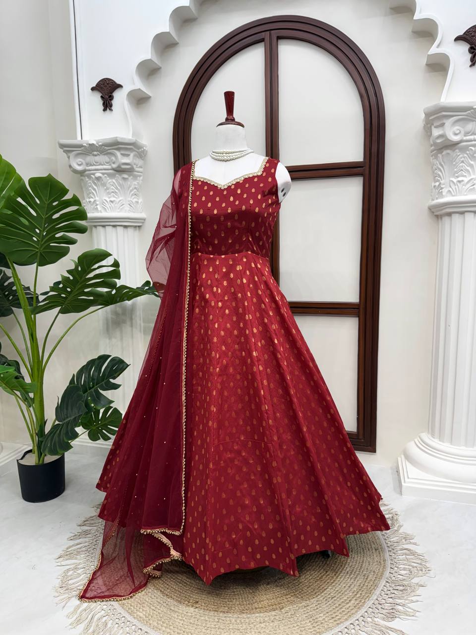 Wedding Wear Chanderi Jacquard Butti With Fancy Lace Anarkali Suit