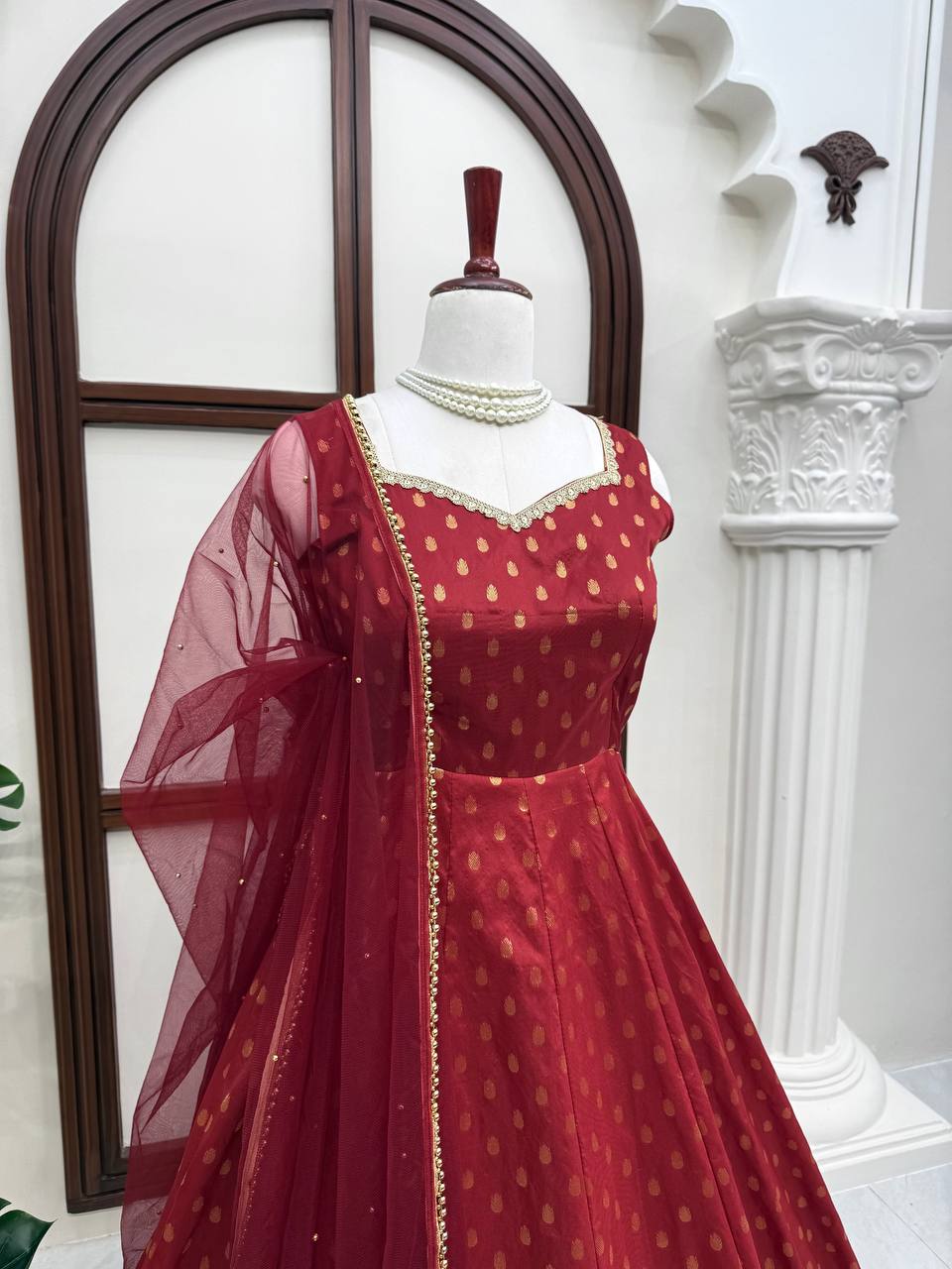 Wedding Wear Chanderi Jacquard Butti With Fancy Lace Anarkali Suit